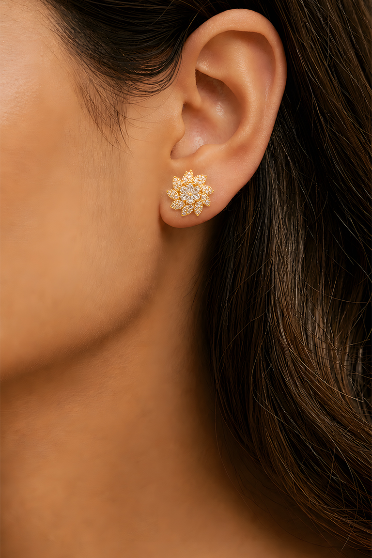 Gold Floral Crystal Stud Earrings - Image 2