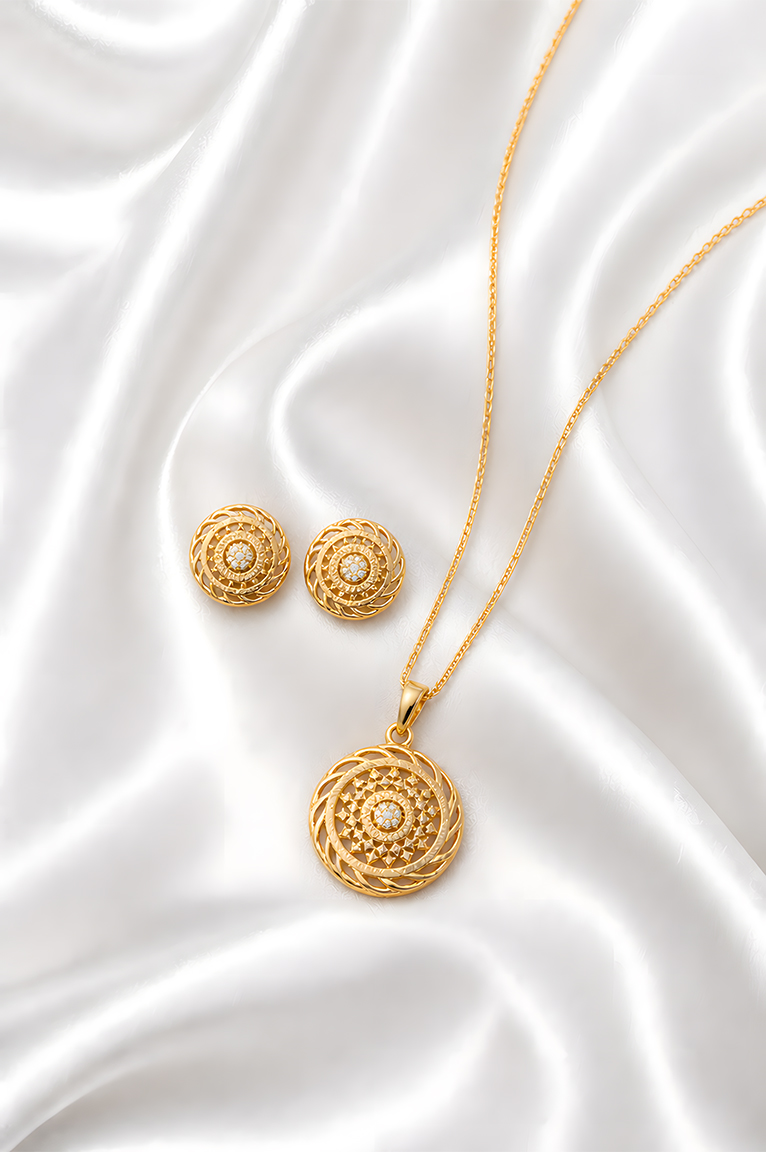 Gold Circular Pattern Pendant Necklace Set with Stud Earrings