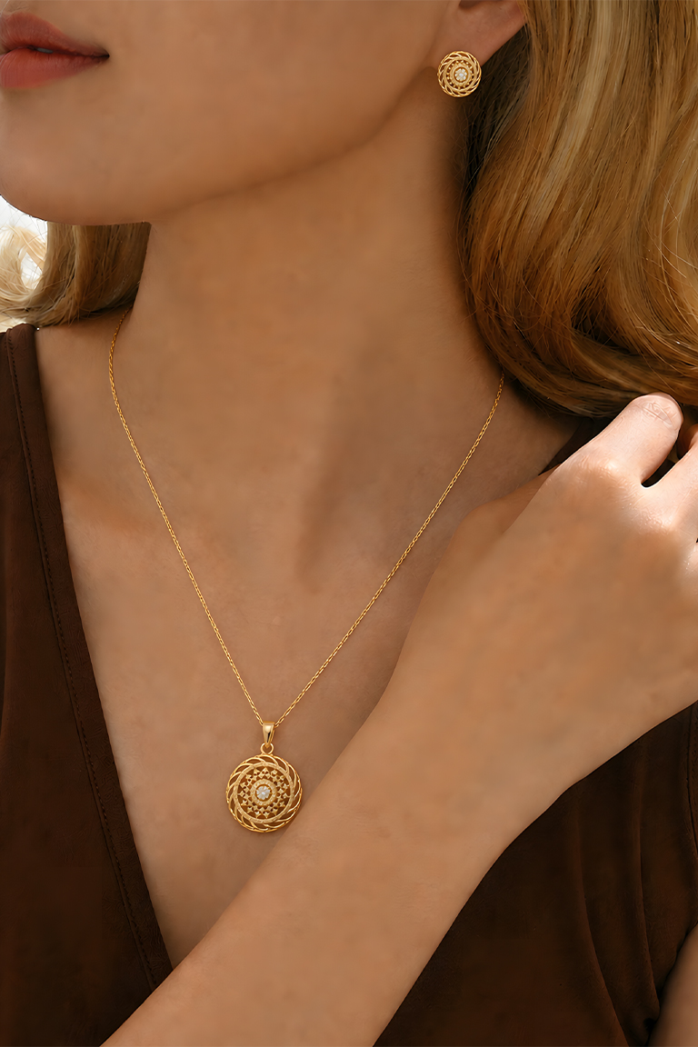 Gold Circular Pattern Pendant Necklace Set with Stud Earrings - Image 2