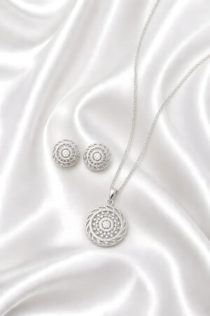 Silver Circular Pattern Pendant Necklace Set with Stud Earrings