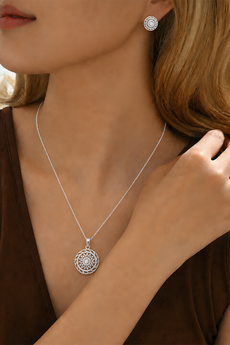 Silver Circular Pattern Pendant Necklace Set with Stud Earrings - Image 2