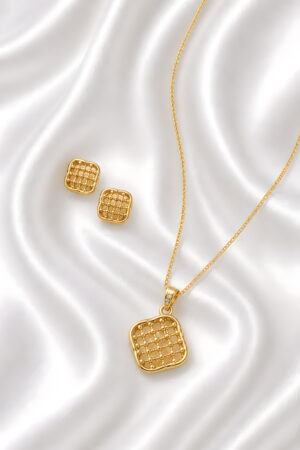 Gold Square Textured Pendant Necklace Set with Stud Earrings