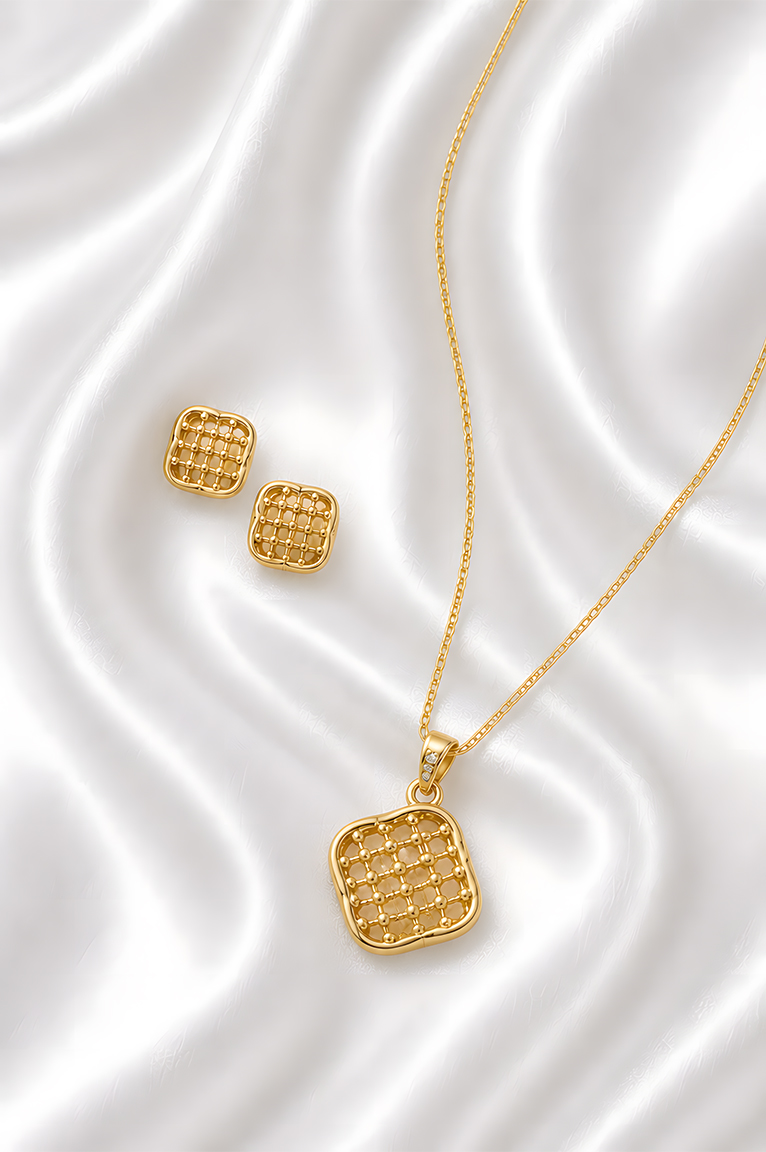 Gold Square Textured Pendant Necklace Set with Stud Earrings