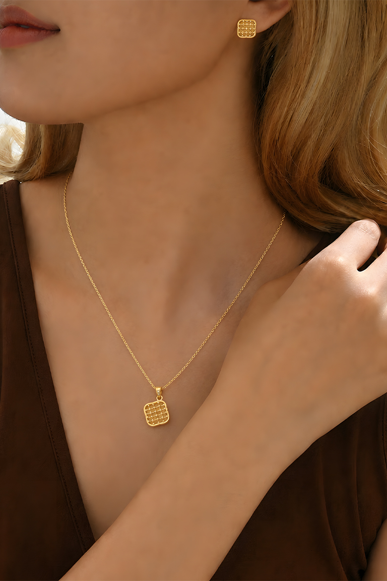 Gold Square Textured Pendant Necklace Set with Stud Earrings - Image 2