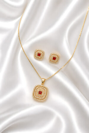 Gold Crystal Square Pendant Necklace Set with Stud Earrings (Red Stone)