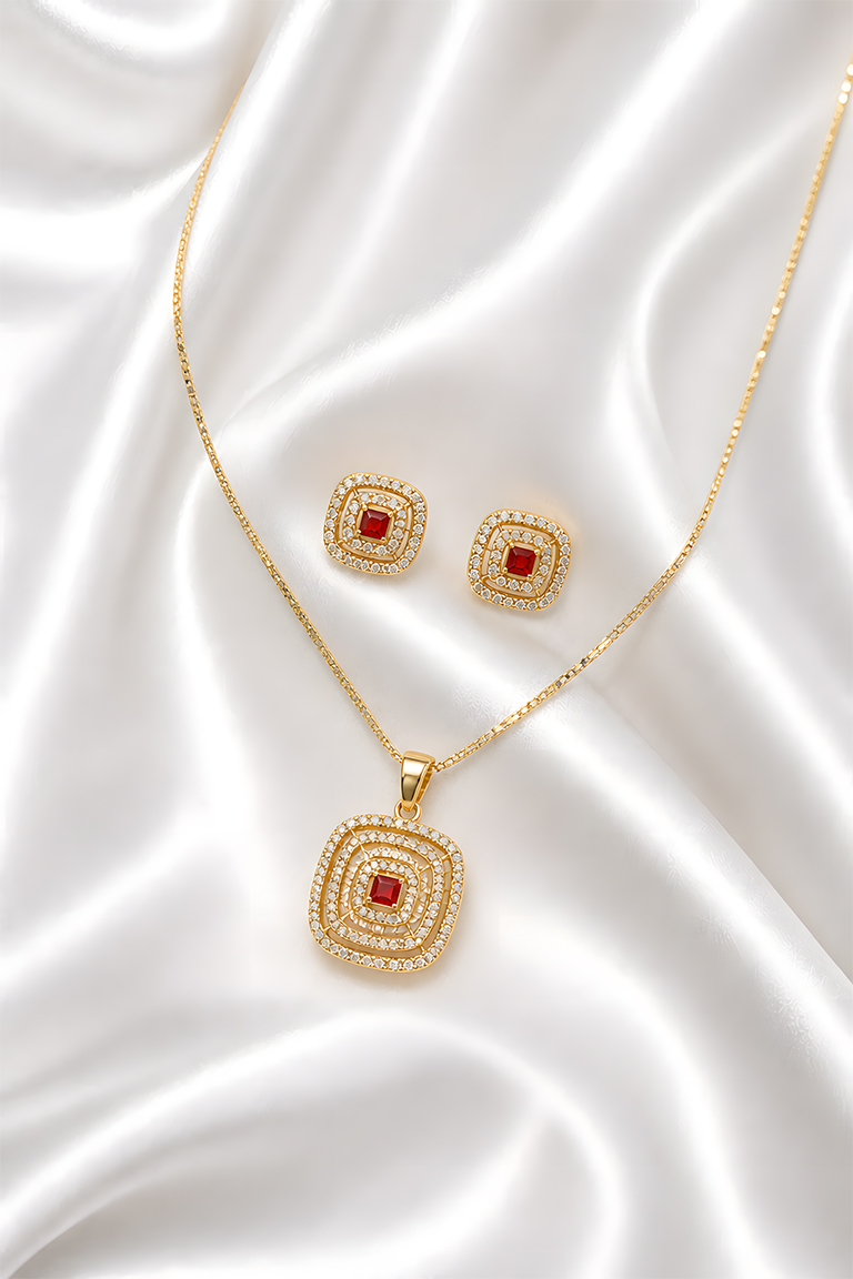 Gold Crystal Square Pendant Necklace Set with Stud Earrings (Red Stone)