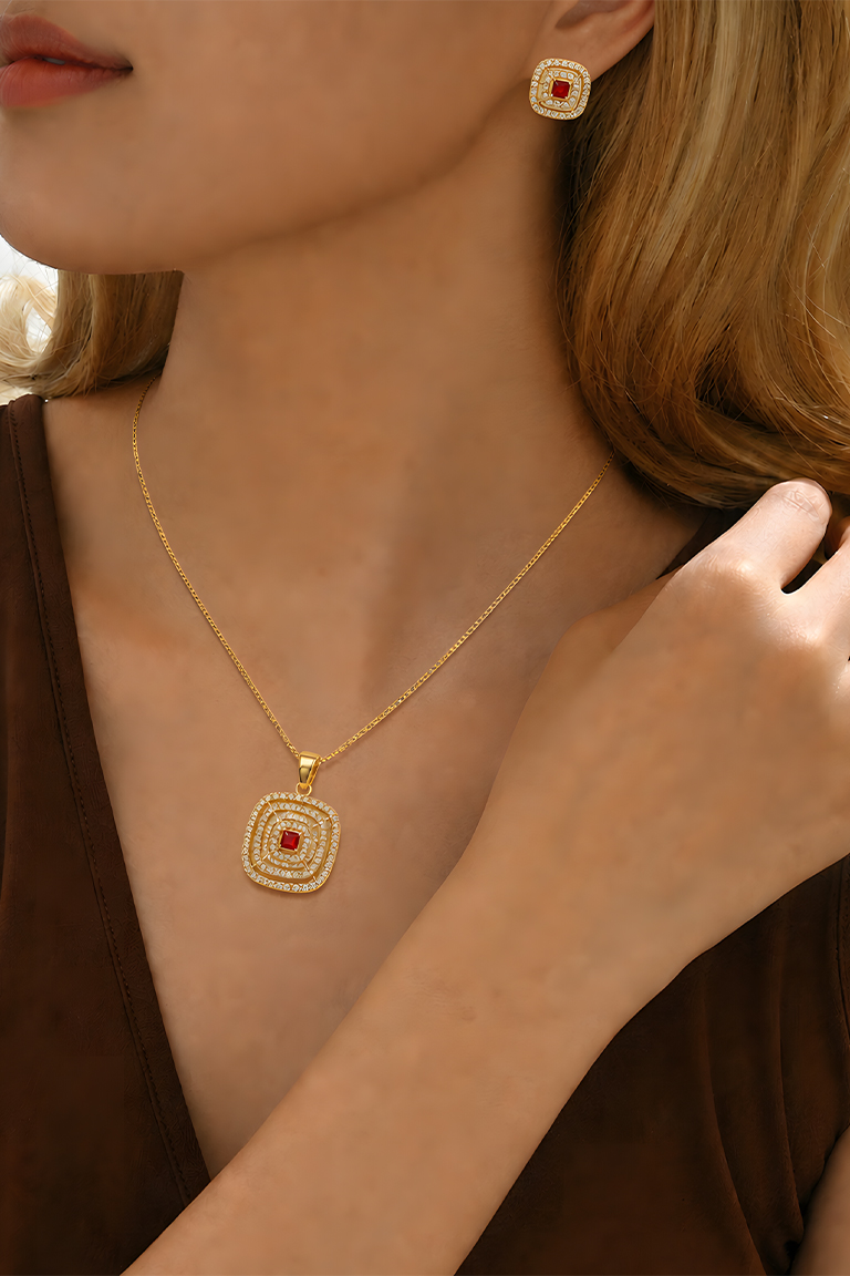 Gold Crystal Square Pendant Necklace Set with Stud Earrings (Red Stone) - Image 2