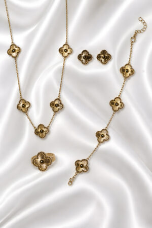 Gold Floral Jewelry Set (Necklace + Stud + Bracelet + Ring)