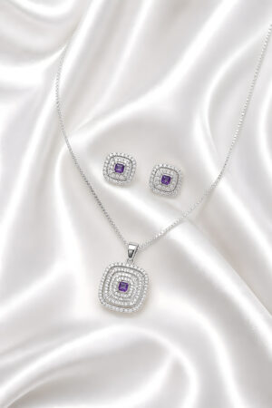 Silver Crystal Square Pendant Necklace Set with Stud Earrings (Purple Stone)