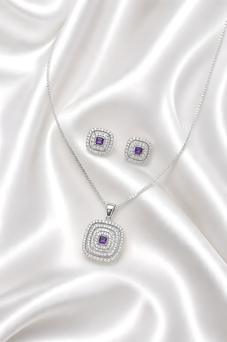 Silver Crystal Square Pendant Necklace Set with Stud Earrings (Purple Stone)