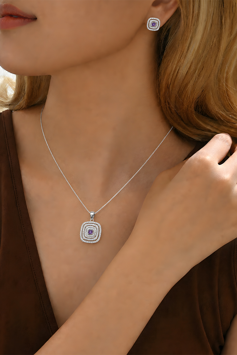 Silver Crystal Square Pendant Necklace Set with Stud Earrings (Purple Stone) - Image 2