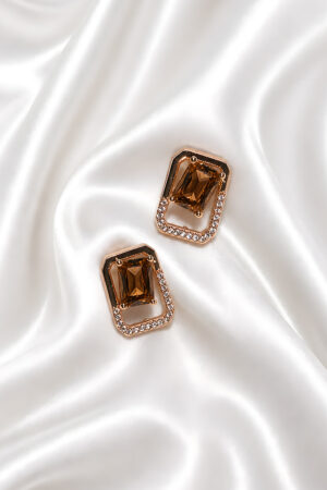 Geometric Frame Crystal Earrings (Brown)