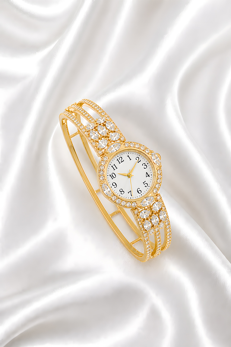 Gold Crystal Studded Bangle Watch for Women