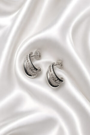 Elegant Curved Crystal Hoop Earrings (Silver)