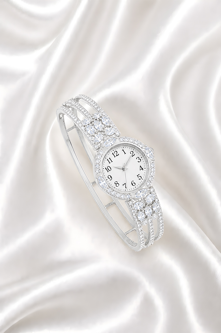 White Crystal Studded Bangle Watch for Women
