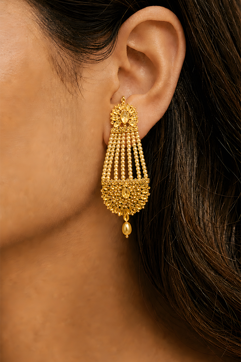 Gold Pearl Tassel Traditional Jhumka Earrings - Image 2