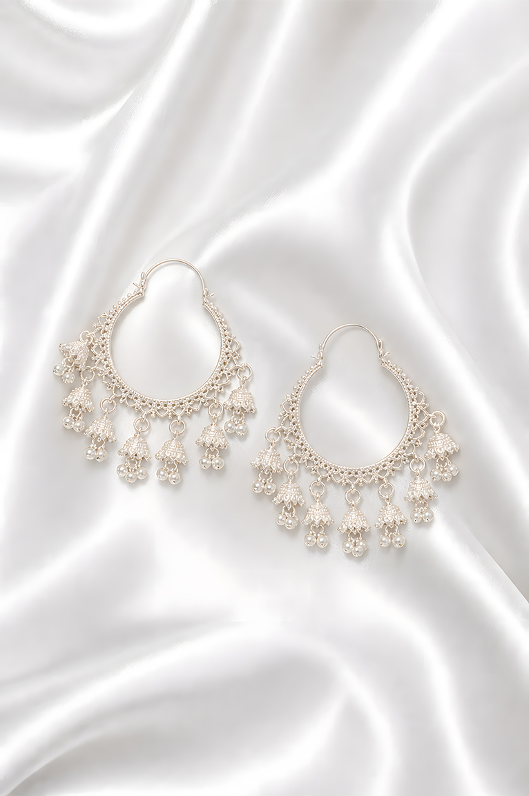 White Antique Hoop Jhumka Earrings with Dangling Charms