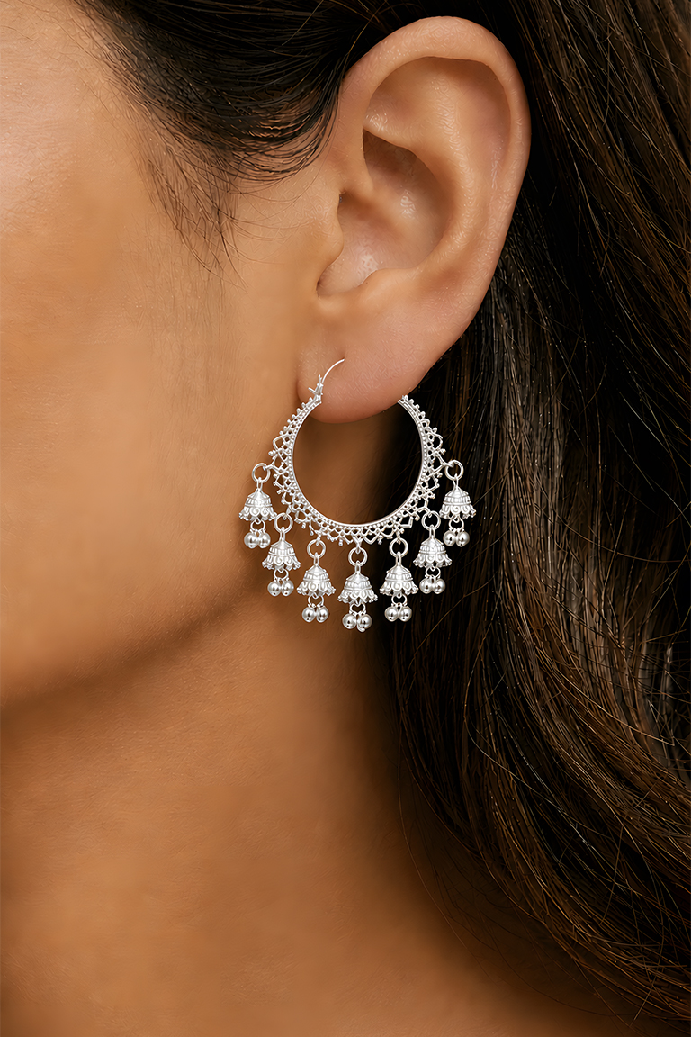 White Antique Hoop Jhumka Earrings with Dangling Charms - Image 2