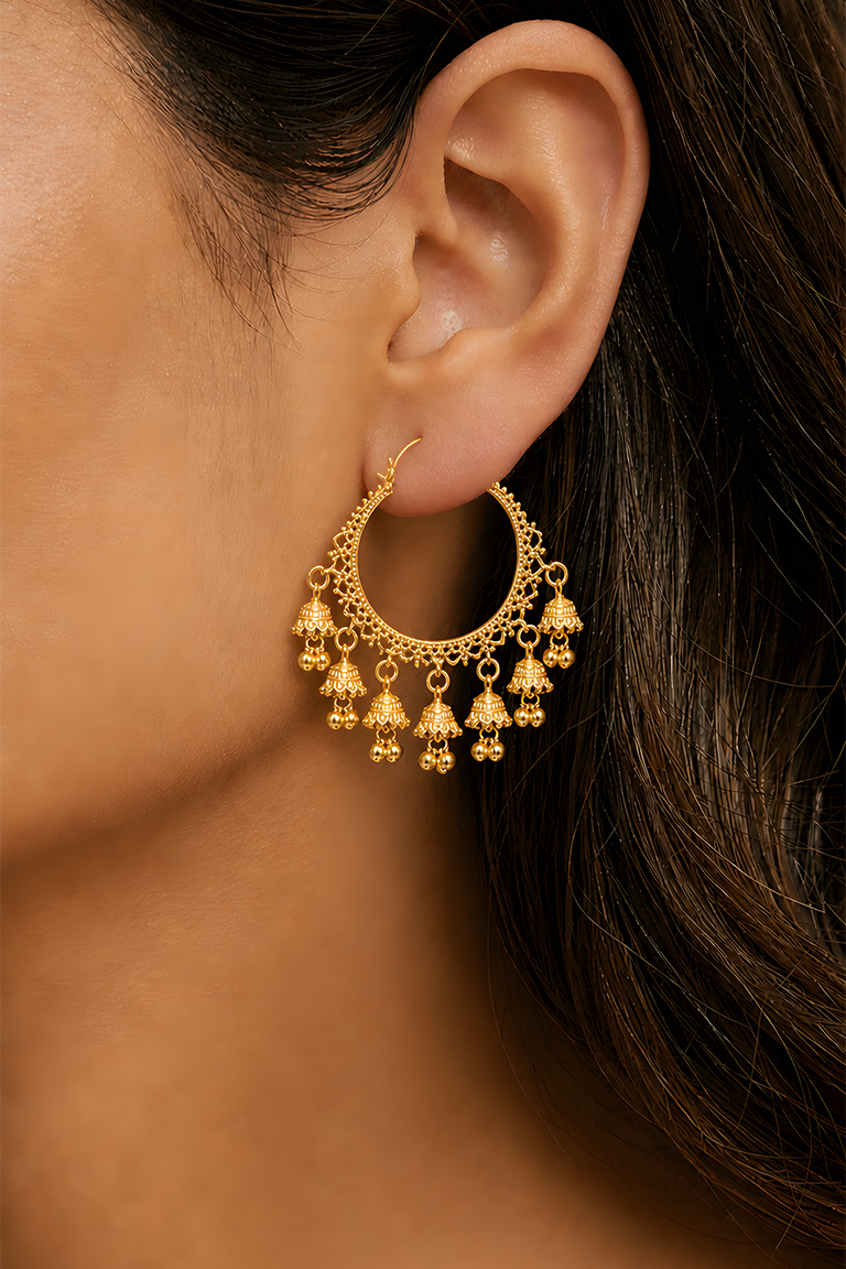 Gold Antique Hoop Jhumka Earrings with Dangling Charms - Image 2